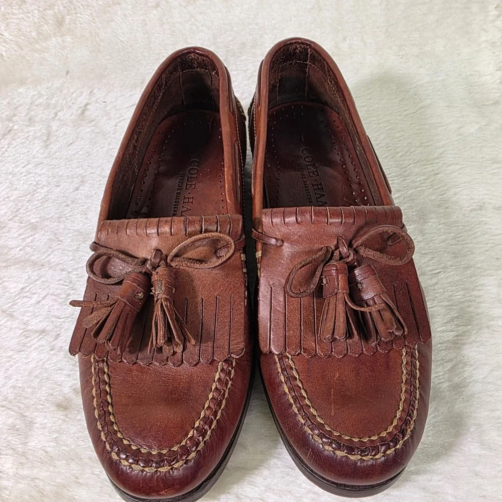 VTG Cole Haan Kiltie Tassel Loafers Brown Leather Handsewn Mens 9.5 M NO WEAR